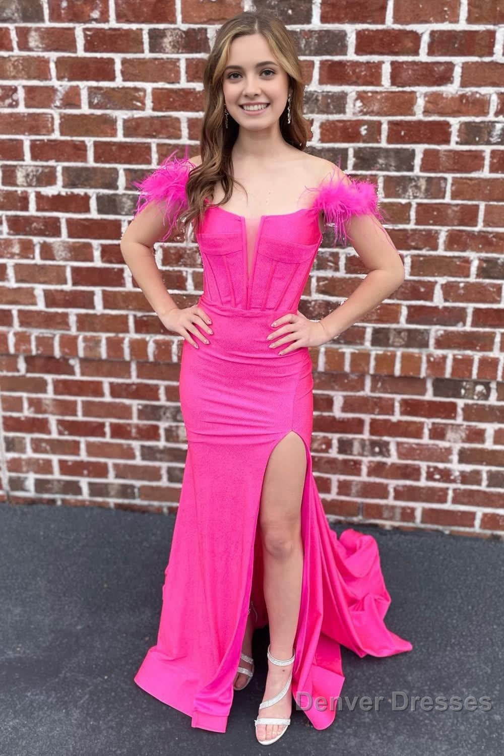 Off The Shoulder Hot Pink Mermaid Long Prom Dress with Feathers Main image