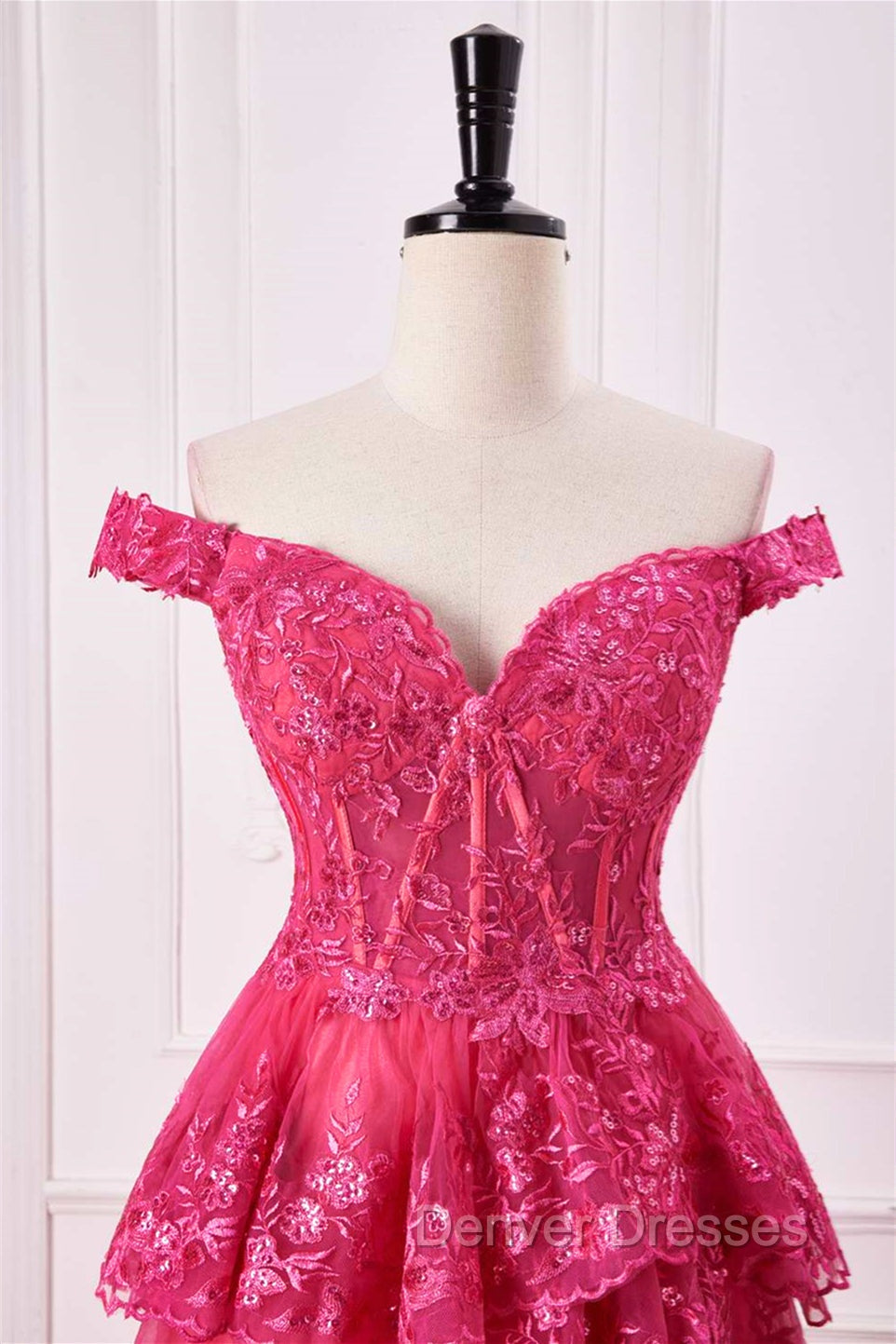 Off The Shoulder Hot Pink Sequin Tiered Prom Dress With Slit Secondary image