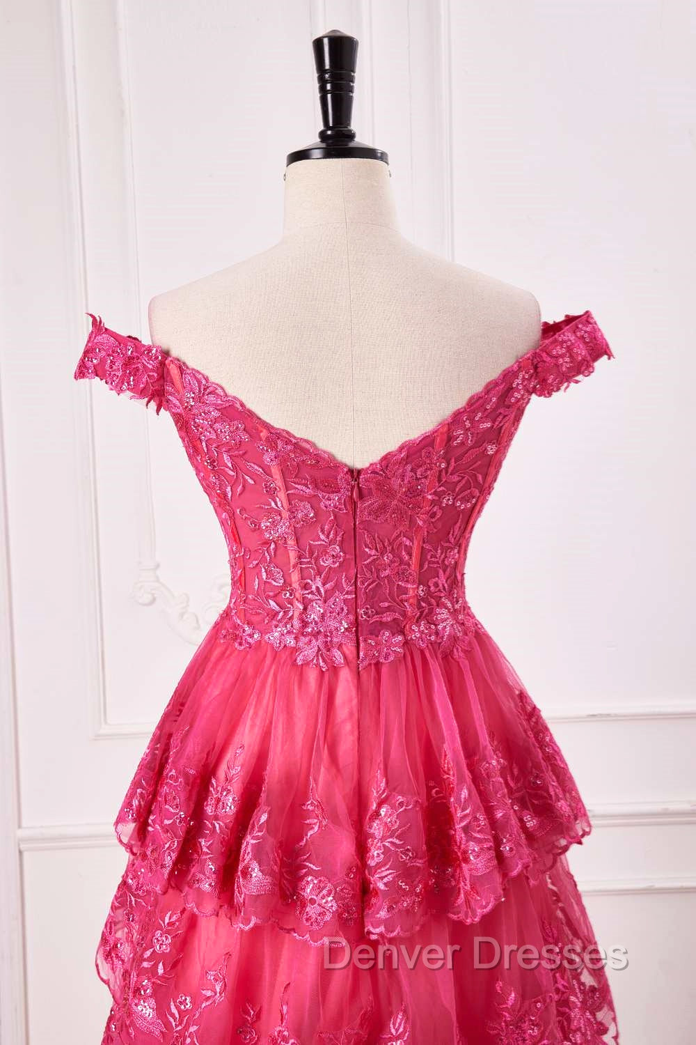Off The Shoulder Hot Pink Sequin Tiered Prom Dress With Slit