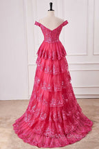 Off The Shoulder Hot Pink Sequin Tiered Prom Dress With Slit
