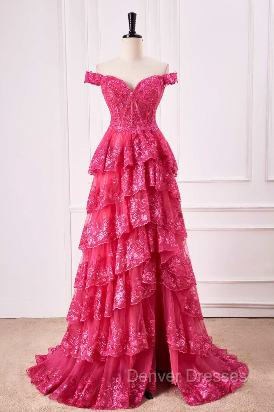 Off The Shoulder Hot Pink Sequin Tiered Prom Dress With Slit