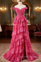 Off The Shoulder Hot Pink Sequin Tiered Prom Dress With Slit