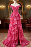 Off The Shoulder Hot Pink Sequin Tiered Prom Dress With Slit