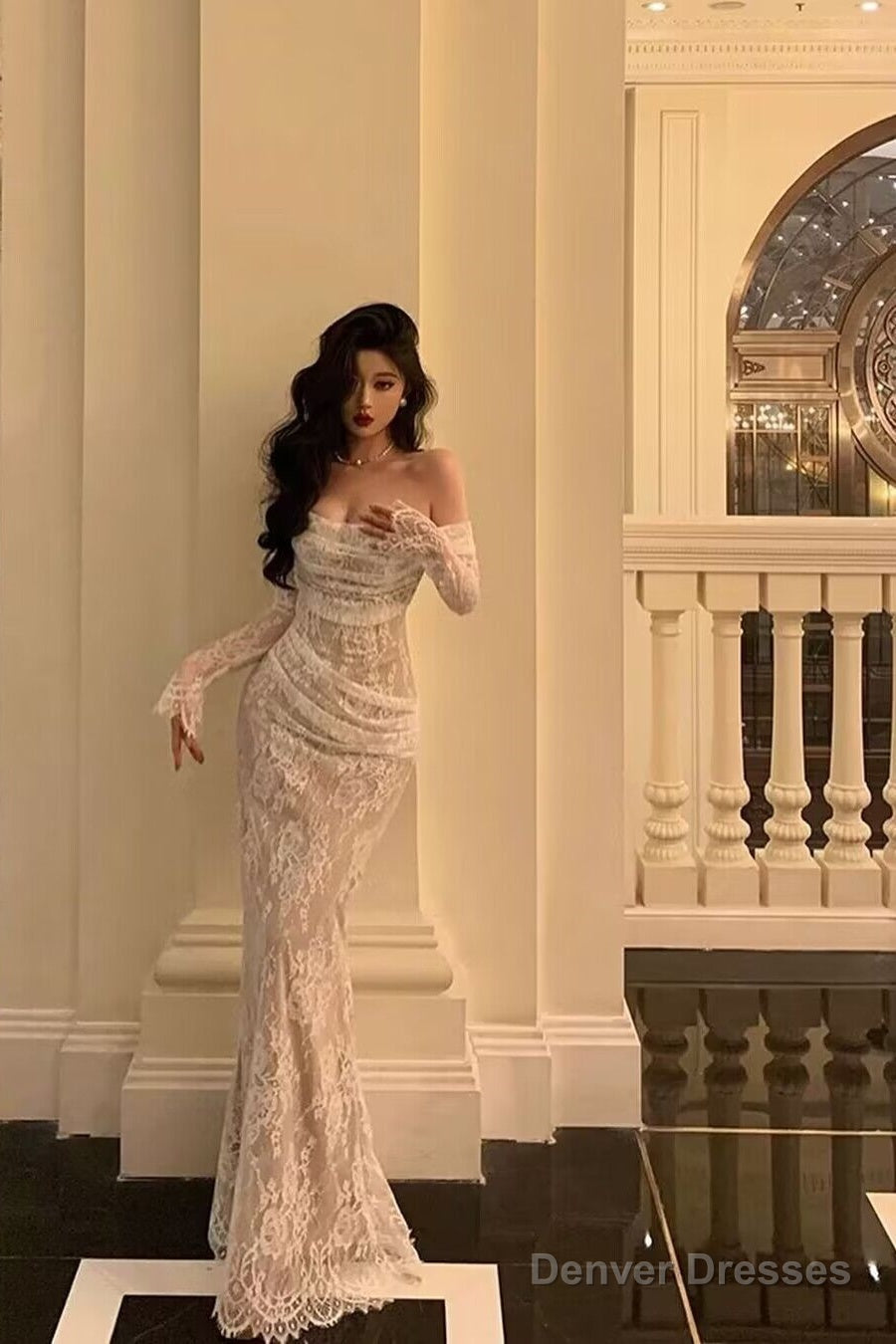 Off The Shoulder Lace Mermaid Long Prom Dresses Main image