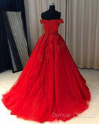 Off The Shoulder Lace Red Prom Dress A Line Sequin Evening Gowns