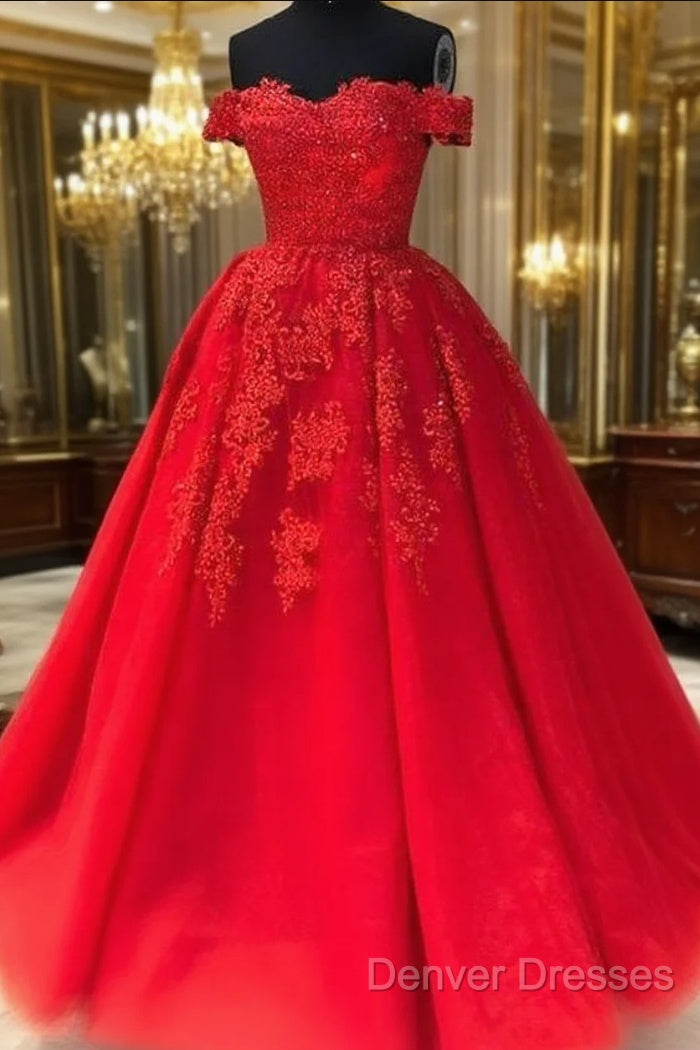 Off The Shoulder Lace Red Prom Dress A Line Sequin Evening Gowns Main image