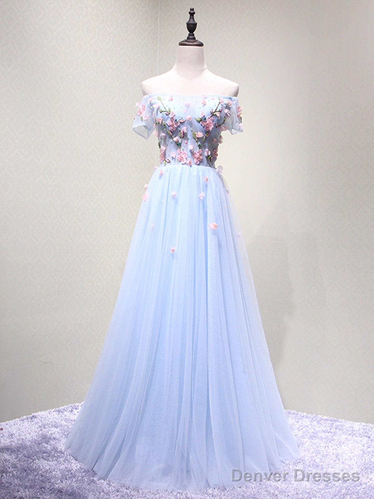 Off the Shoulder Light Blue Floral Long Prom Dresses, Off Shoulder Light Blue Formal Evening Dresses Secondary image