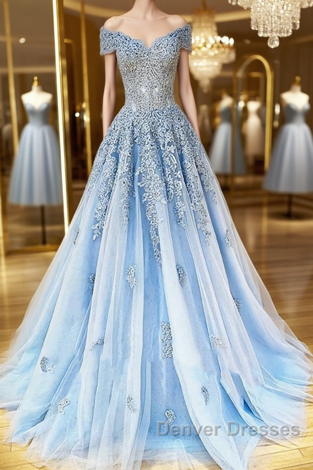 Off the Shoulder Light Blue Lace Prom Dress, Off the Shoulder Blue Lace Formal Evening Dress Main image