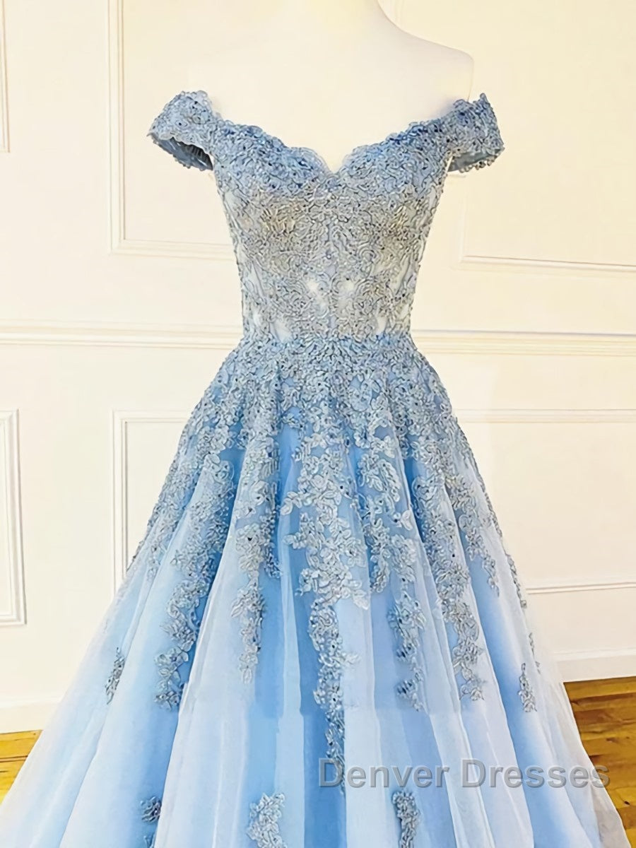 Off the Shoulder Light Blue Lace Prom Dress, Off the Shoulder Blue Lace Formal Evening Dress