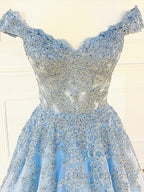 Off the Shoulder Light Blue Lace Prom Dress, Off the Shoulder Blue Lace Formal Evening Dress