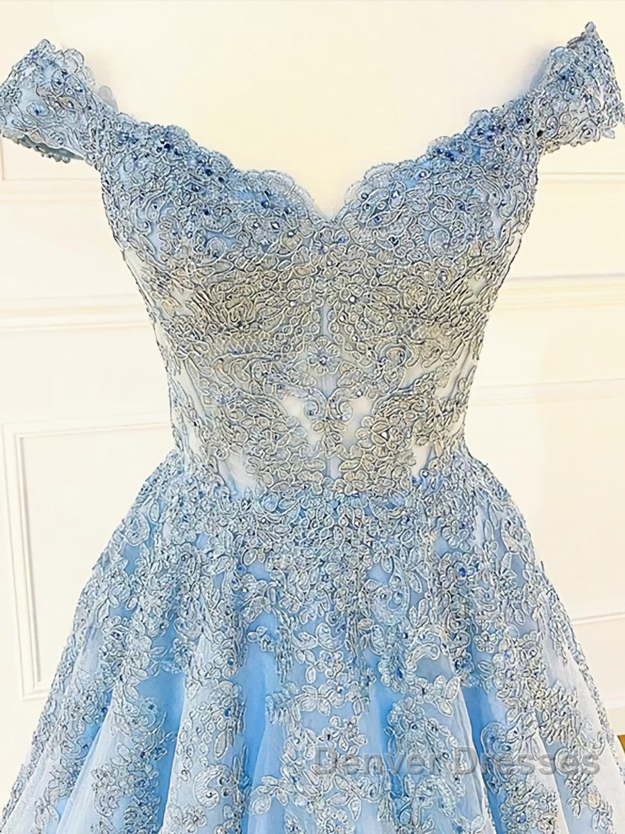 Off the Shoulder Light Blue Lace Prom Dress, Off the Shoulder Blue Lace Formal Evening Dress