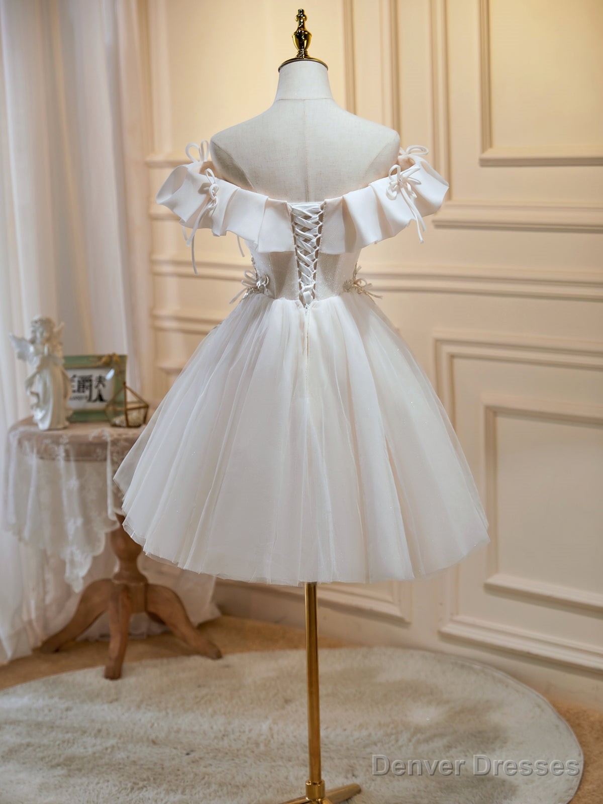 Off the Shoulder Light Champagne Floral Prom Dresses, Short Champagne Formal Homecoming Dresses Secondary image