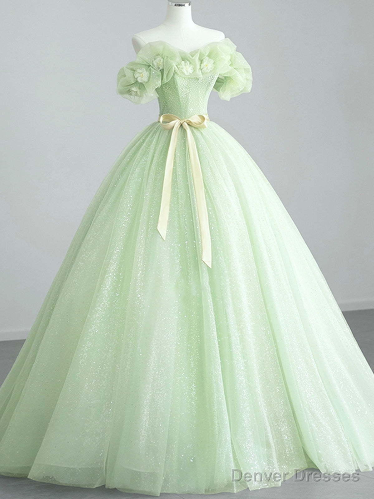 Off the Shoulder Light Green Floral Prom Dresses, Green Floral Formal Graduation Dress Main image