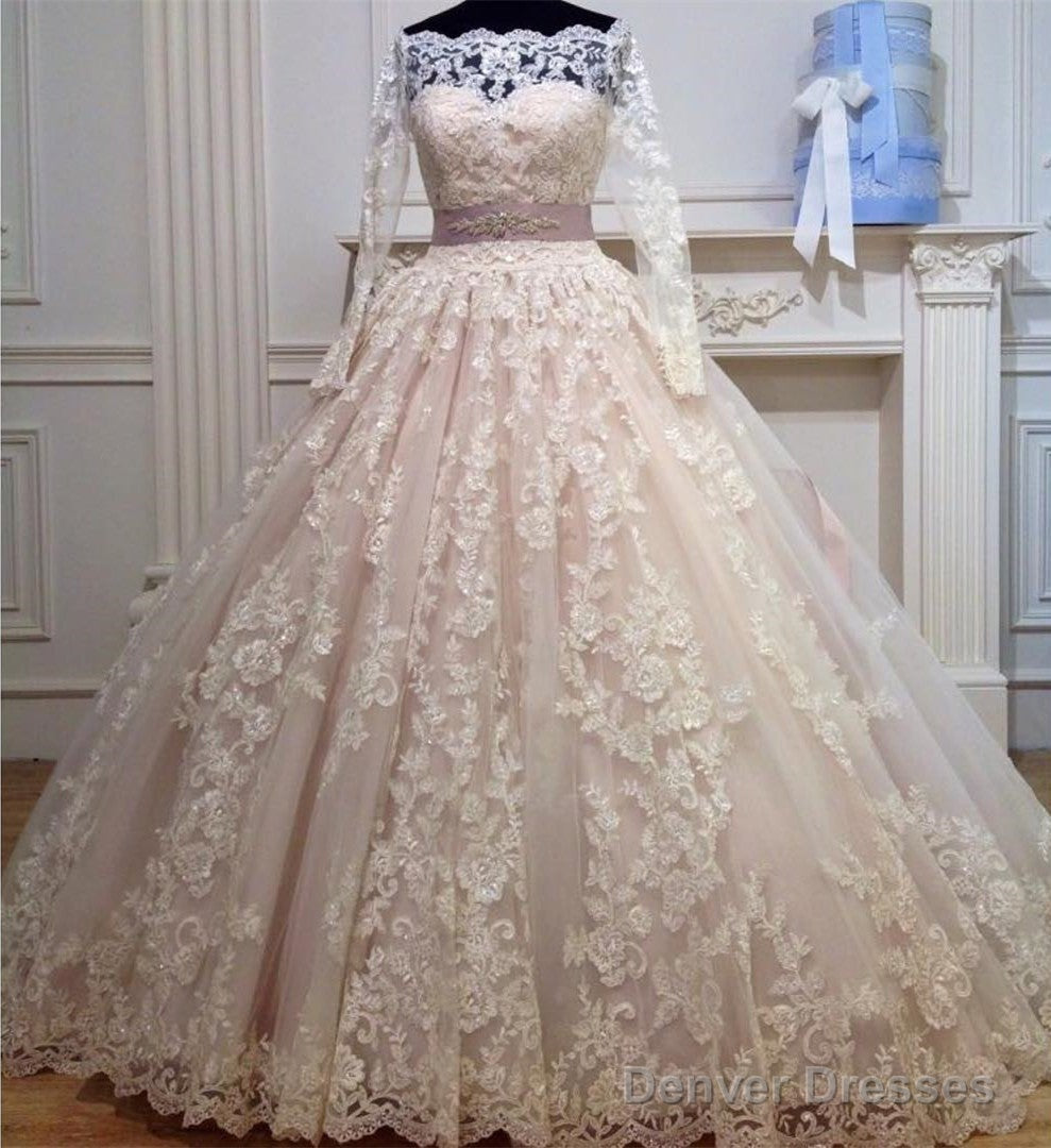 Off The Shoulder Long Sleeves Ball Gown Wedding Lace Dresses With Bow Sashes Main image
