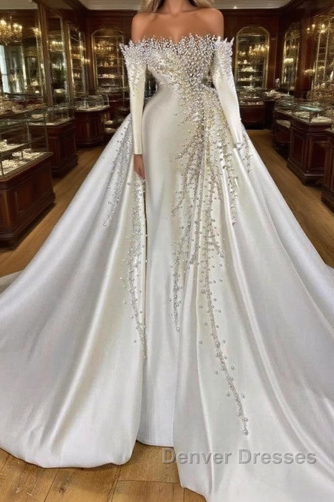 Off-the-Shoulder Long Sleeves Mermaid Wedding Dress Pearls With Detachable Train Main image