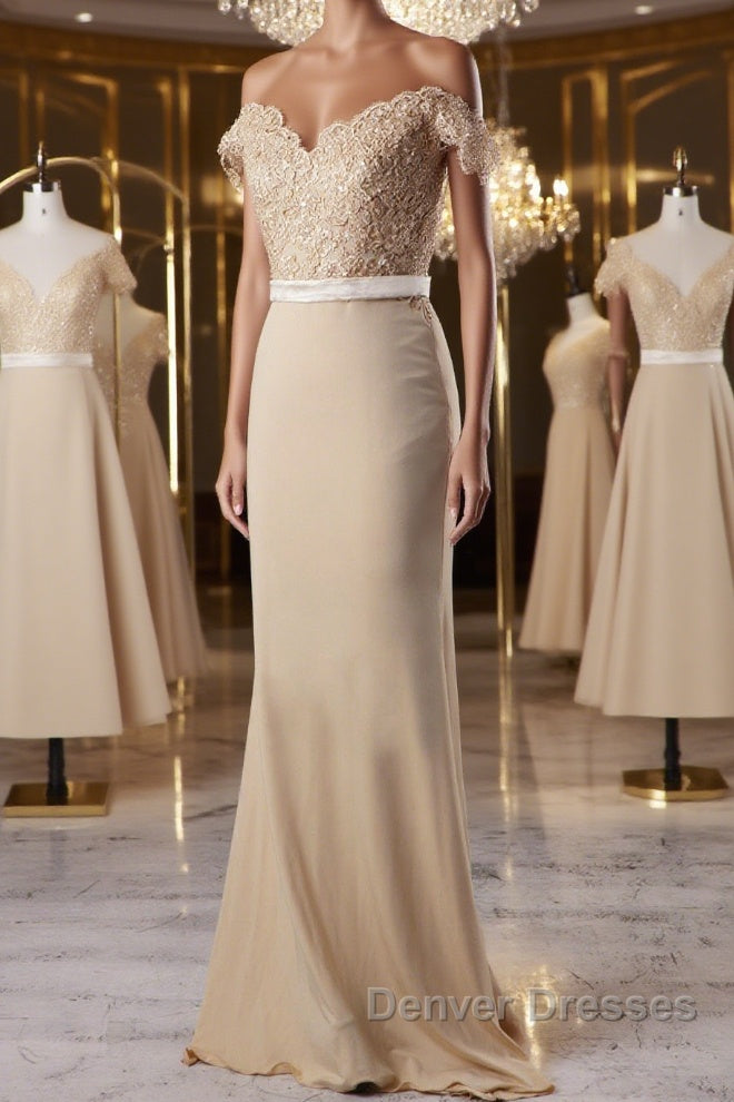 Off the Shoulder Mermaid Champagne Lace Long Prom Dress, Off Shoulder Mermaid Champagne Formal Graduation Evening Dress, Mermaid Champagne Lace Bridesmaid Dress Main image