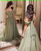 Off the Shoulder Mint Green Prom Dress Beaded Long Prom Dresses, Off Shoulder Green Long Formal Evening Dresses