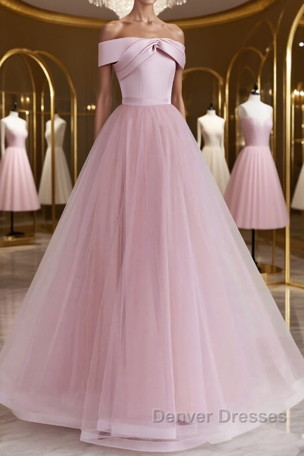 Off the Shoulder Pink Prom Dress, Pink Tulle Formal Evening Dress