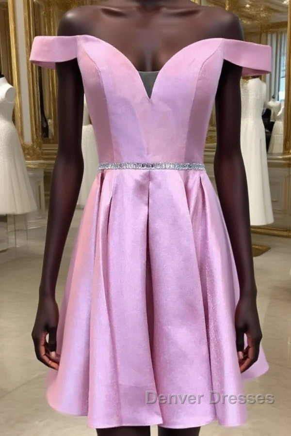 Off the Shoulder Pink Satin Short Prom Homecoming Dress with Belt, Off Shoulder Pink Formal Graduation Evening Dress Main image