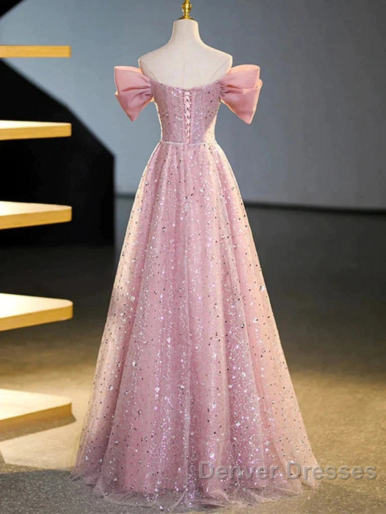 Off The Shoulder Pink Sequin Sparkle Prom Dress