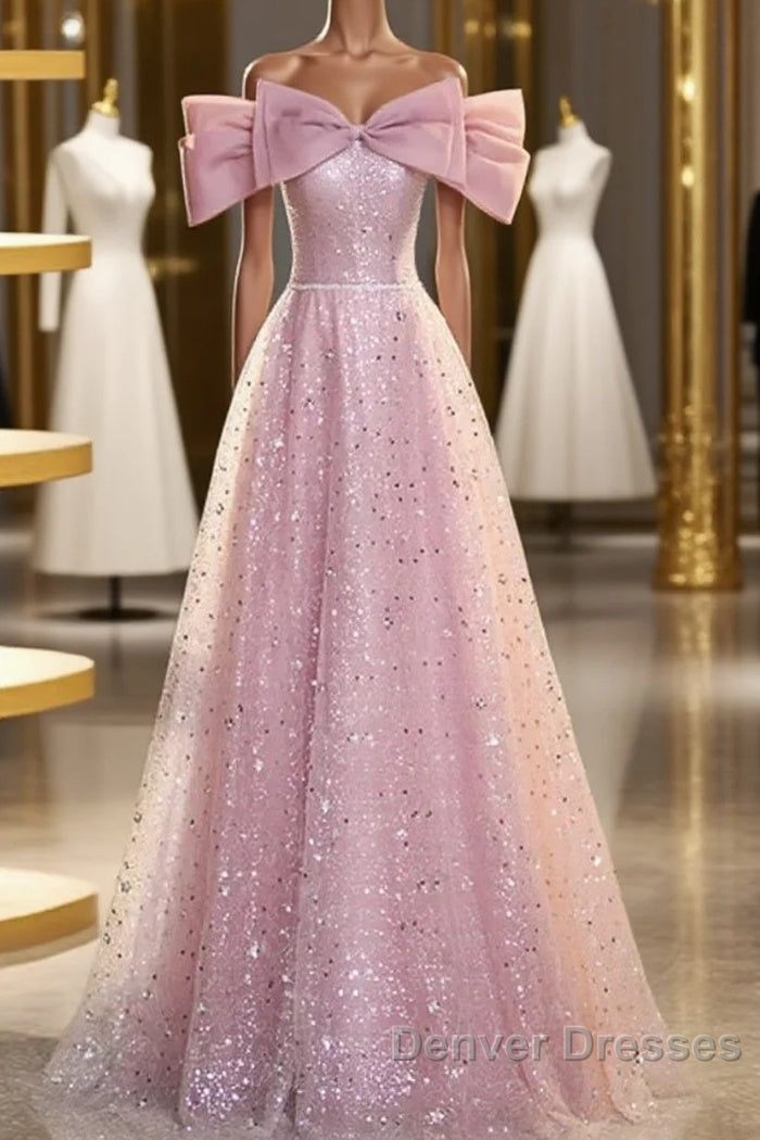Off The Shoulder Pink Sequin Sparkle Prom Dress Main image