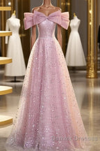Off The Shoulder Pink Sequin Sparkle Prom Dress