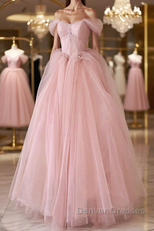Off the Shoulder Pink Tulle Prom Dress, Pink Tulle Long Formal Graduation Dress Main image