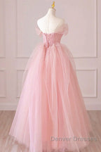 Off the Shoulder Pink Tulle Prom Dress, Pink Tulle Long Formal Graduation Dress