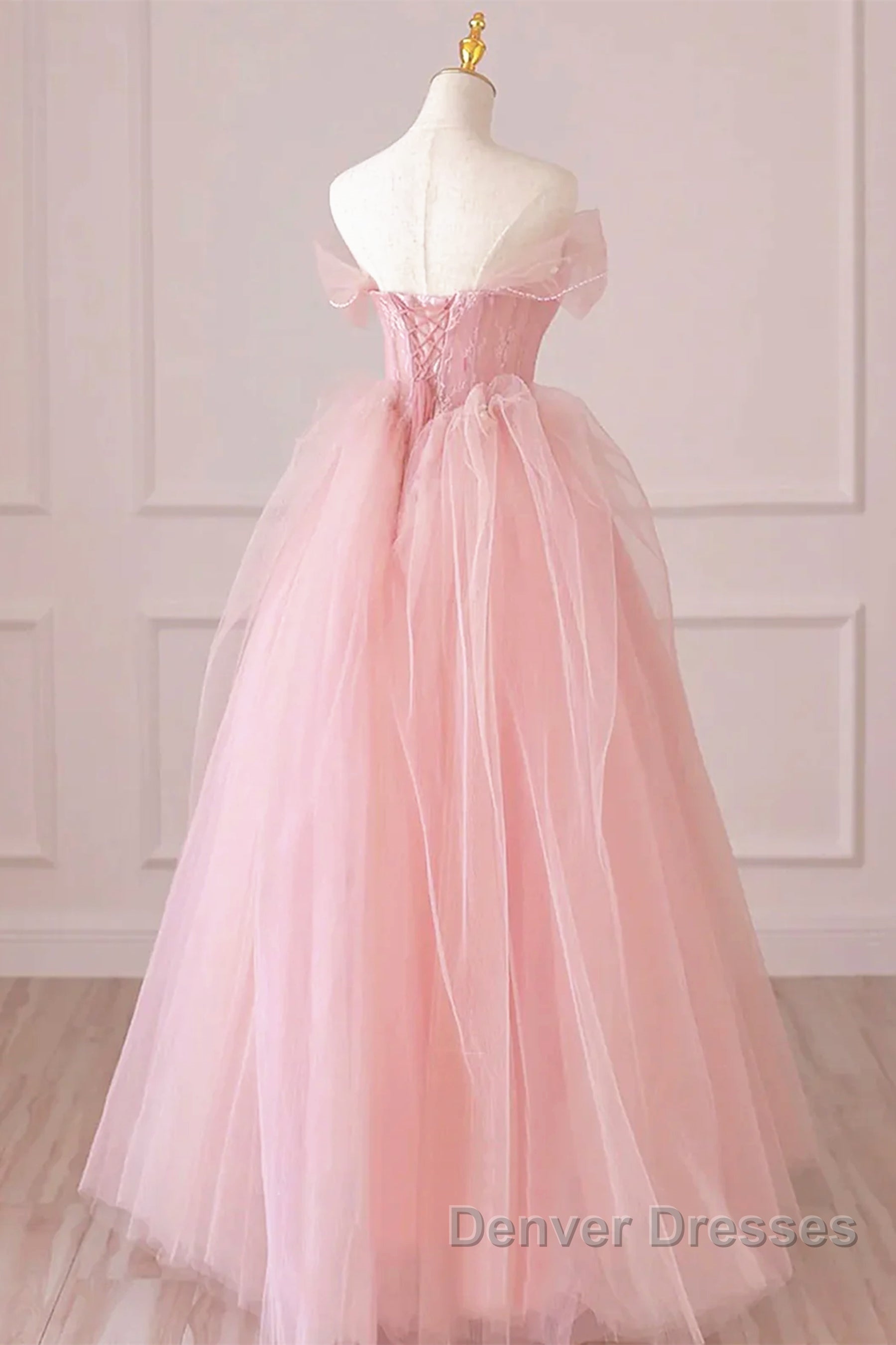 Off the Shoulder Pink Tulle Prom Dress, Pink Tulle Long Formal Graduation Dress