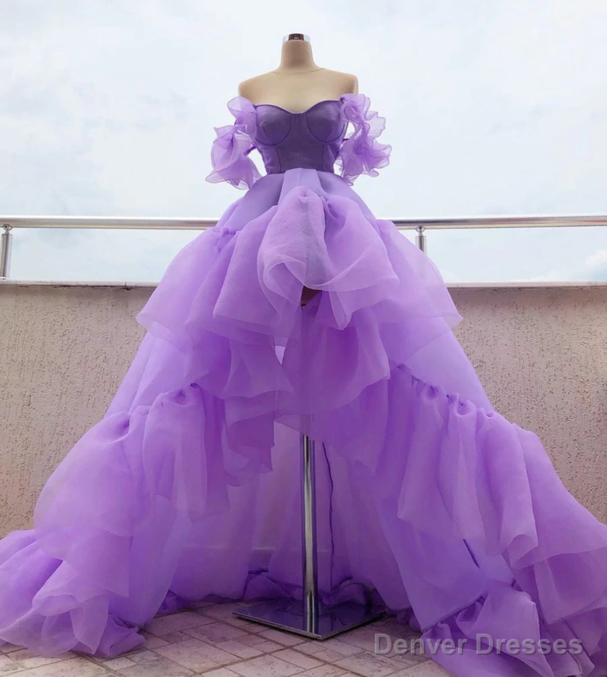 Off the Shoulder Purple High Low Prom Dresses, High Low Purple Formal Graduation Dresses Main image