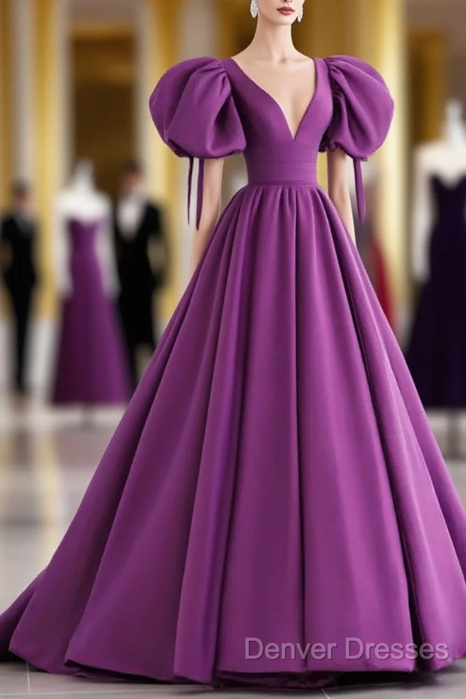 Off The Shoulder Purple Satin Long Prom Dress, Purple Off Shoulder Long Formal Evening Dress Main image