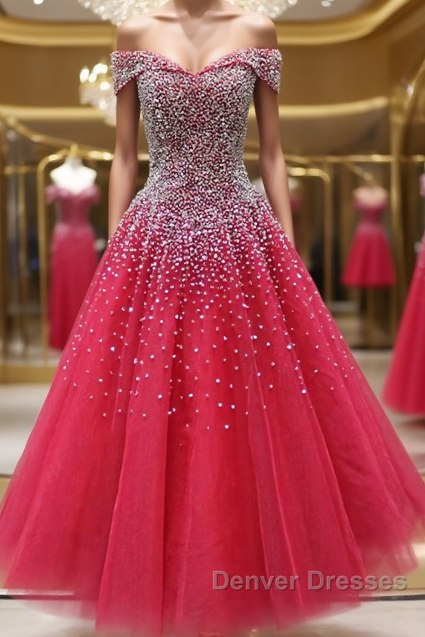 Off the Shoulder Red Long Prom Gown, Off the Shoulder Red Beaded Formal Evening Dress Main image