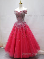Off the Shoulder Red Long Prom Gown, Off the Shoulder Red Beaded Formal Evening Dress