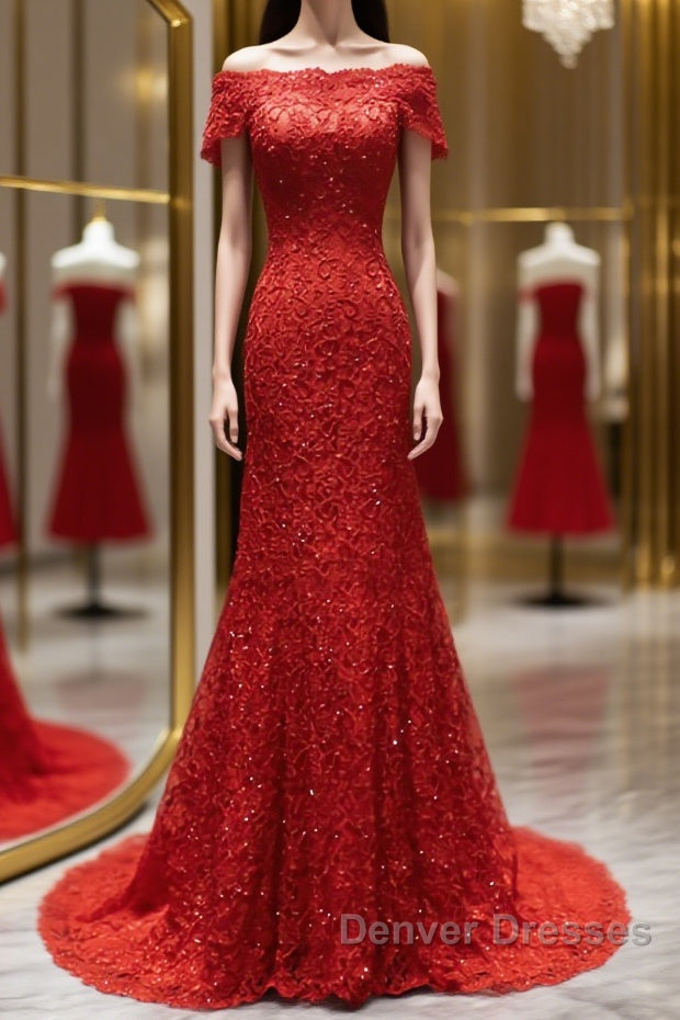 Off the Shoulder Red Mermaid Lace Prom Dress, Red Mermaid Lace Formal Bridesmaid Dress Main image