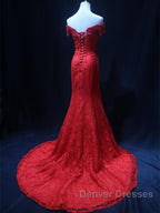 Off the Shoulder Red Mermaid Lace Prom Dress, Red Mermaid Lace Formal Bridesmaid Dress