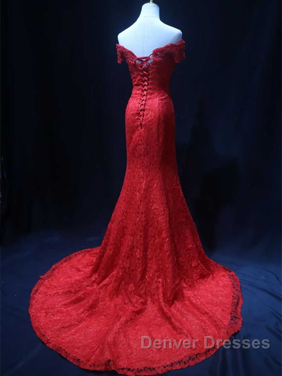 Off the Shoulder Red Mermaid Lace Prom Dress, Red Mermaid Lace Formal Bridesmaid Dress