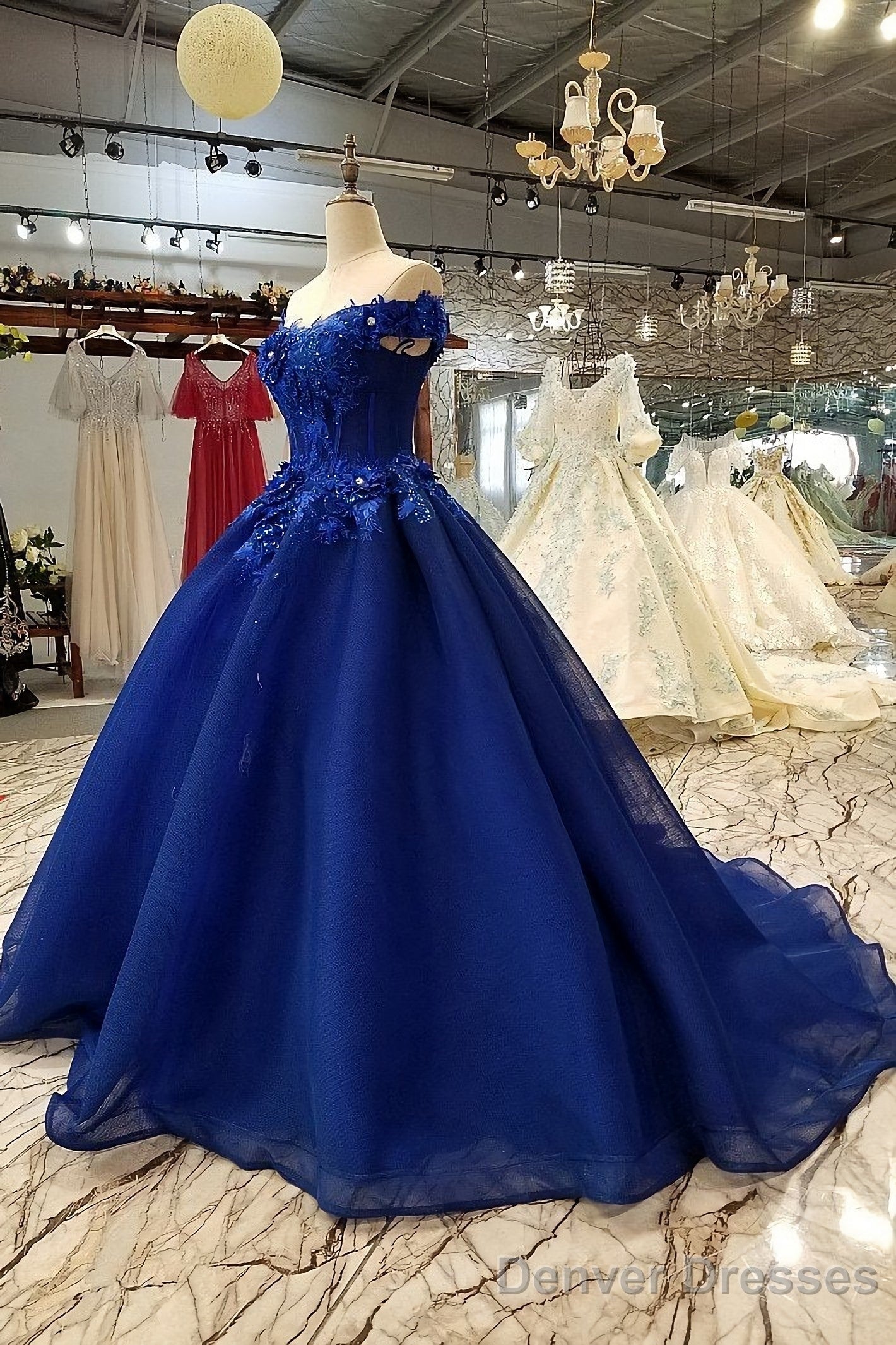 Off-The-Shoulder Royal Blue Evening Dresses With 3D Floral Lace Main image