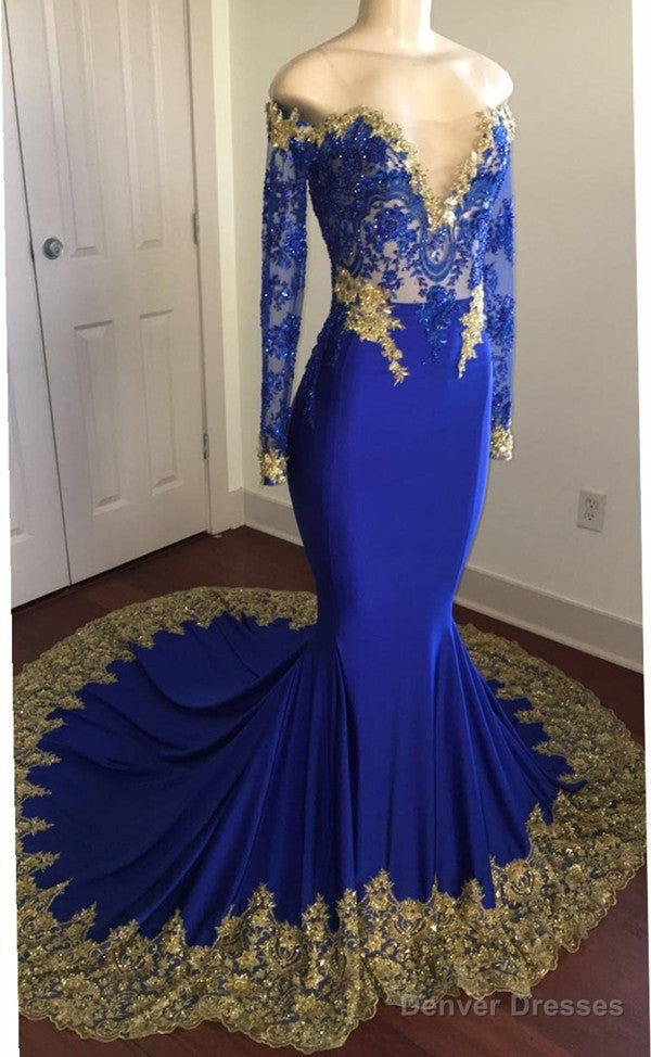 Off-the-Shoulder Royal Blue Prom Dresses Gold Lace Appliques Chic Evening Dress with Sleeve Secondary image