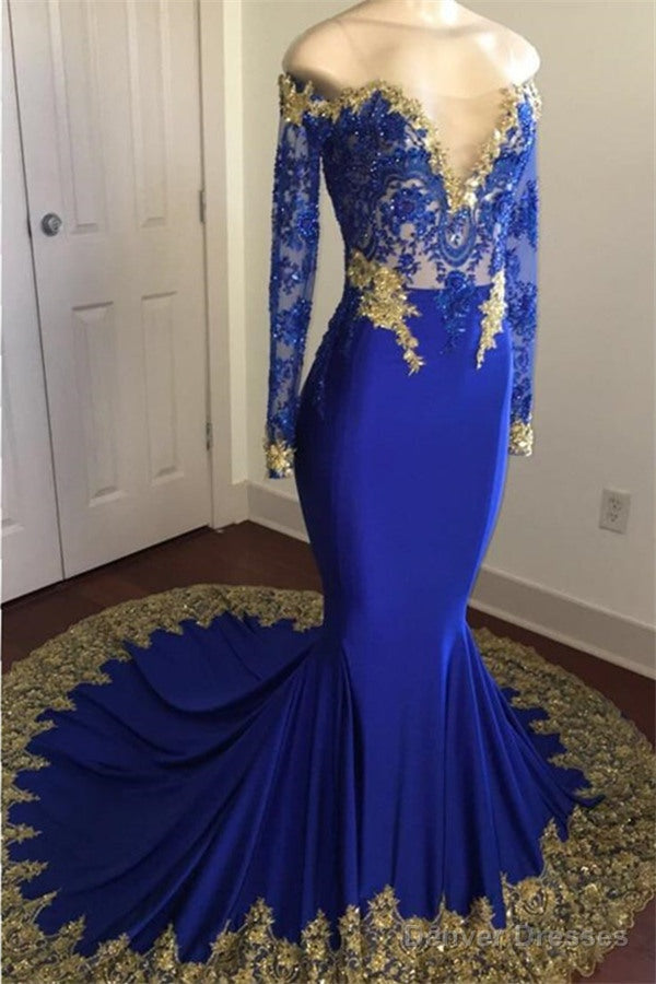 Off-the-Shoulder Royal Blue Prom Dresses Gold Lace Appliques Chic Evening Dress with Sleeve Main image