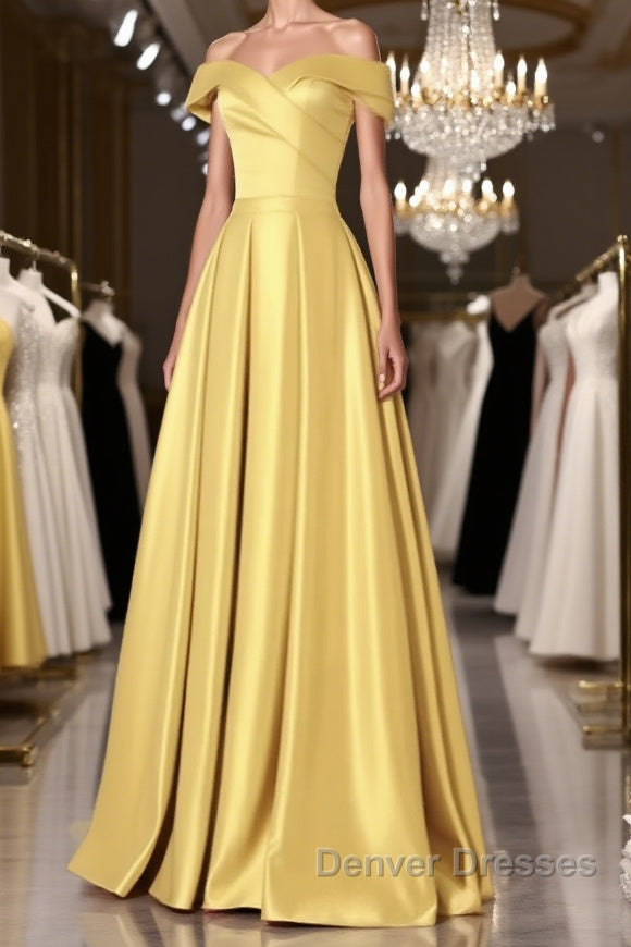 Off the Shoulder Satin Long Prom Dress, Satin Formal Bridesmaid Dress Main image
