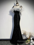 Off The Shoulder Shiny Black Mermaid Prom Dress, Off Shoulder Shiny Black Long Formal Evening Dress