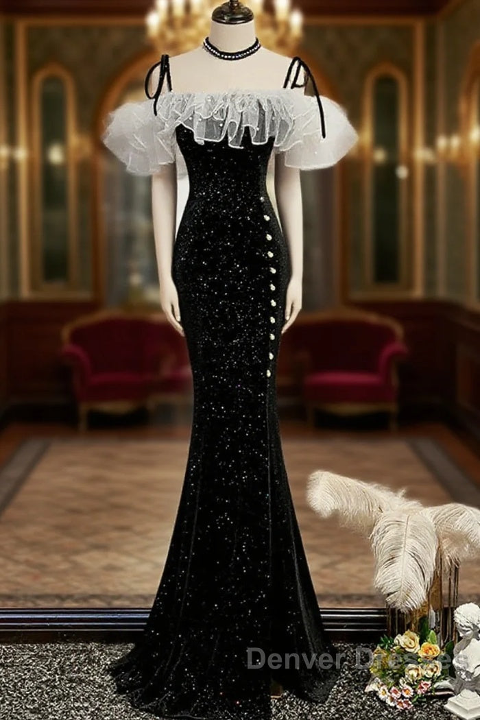 Off The Shoulder Shiny Black Mermaid Prom Dress, Off Shoulder Shiny Black Long Formal Evening Dress Main image