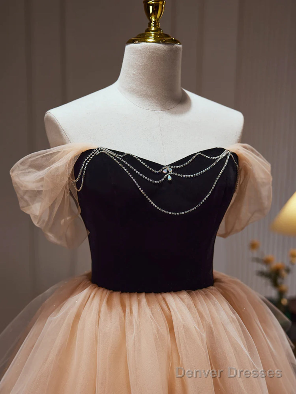 Off The Shoulder Short Black Champagne Prom Dresses, Short Black Champagne Graduation Homecoming Dresses