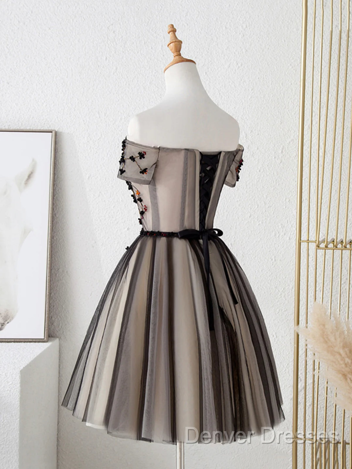 Off The Shoulder Short Black Floral Prom Dress, Short Black Floral Graduation Homecoming Dress