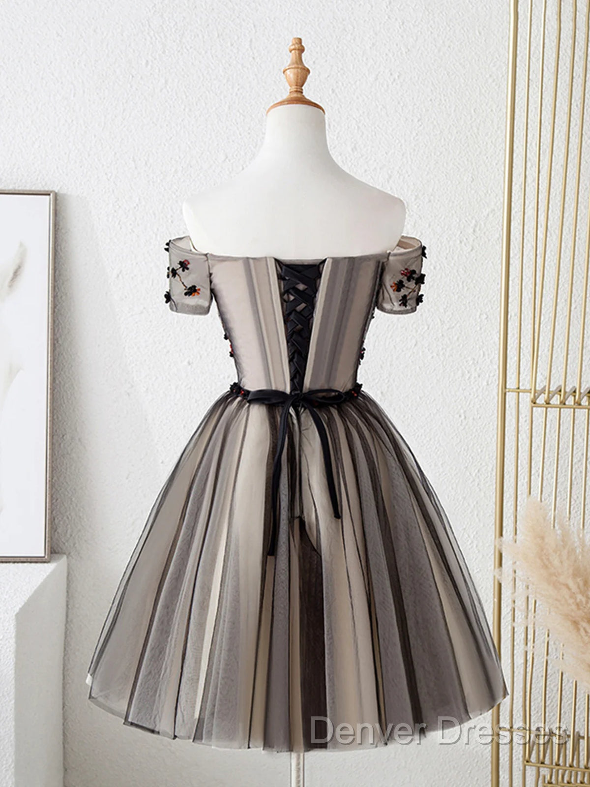 Off The Shoulder Short Black Floral Prom Dress, Short Black Floral Graduation Homecoming Dress
