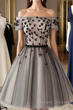 Off The Shoulder Short Black Floral Prom Dress, Short Black Floral Graduation Homecoming Dress