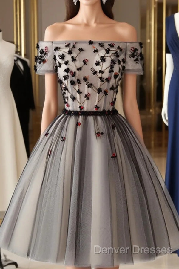 Off The Shoulder Short Black Floral Prom Dress, Short Black Floral Graduation Homecoming Dress