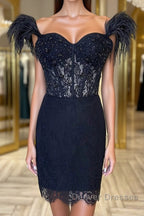 Off the Shoulder Short Black Lace Prom Dress, Short Black Lace Formal Homecoming Dress