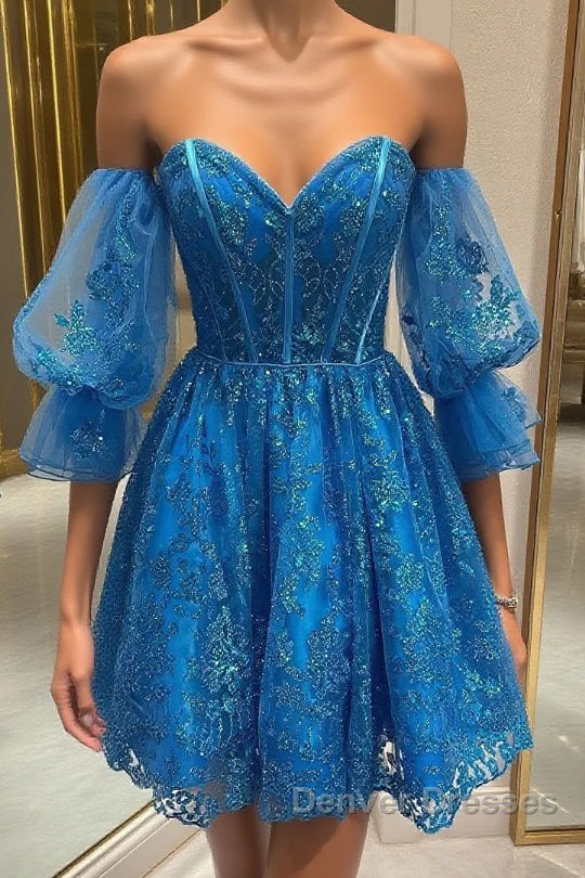 Off the Shoulder Short Blue Lace Prom Dress, Short Blue Lace Formal Homecoming Dress Main image