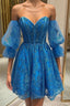 Off the Shoulder Short Blue Lace Prom Dress, Short Blue Lace Formal Homecoming Dress